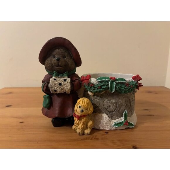 Other - Vintage Christmas Bear Figurine & Holiday Planter – Woodland Caroler with Dog